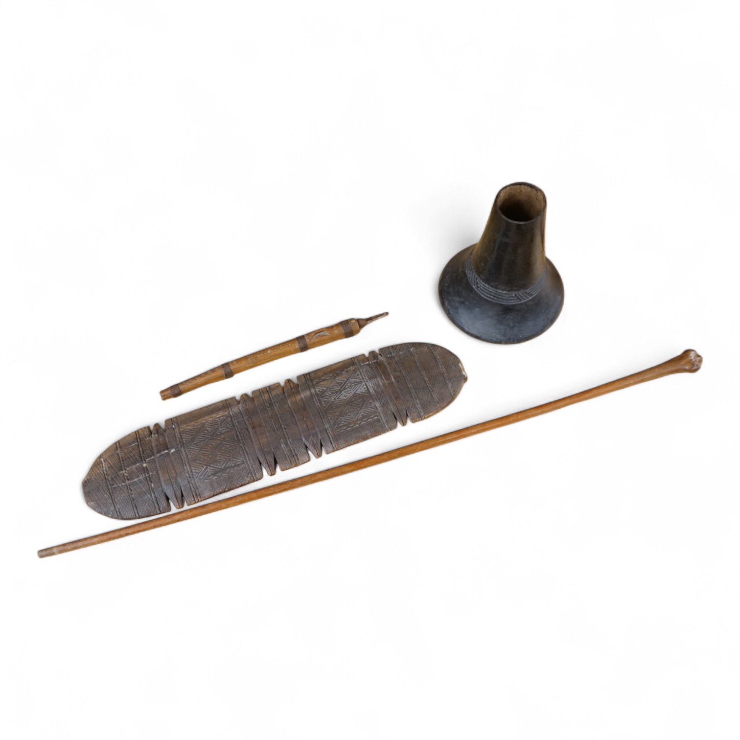 South Sea Islands and African tribal carved pot, knife sheath, stick and carved paddle-53cm long